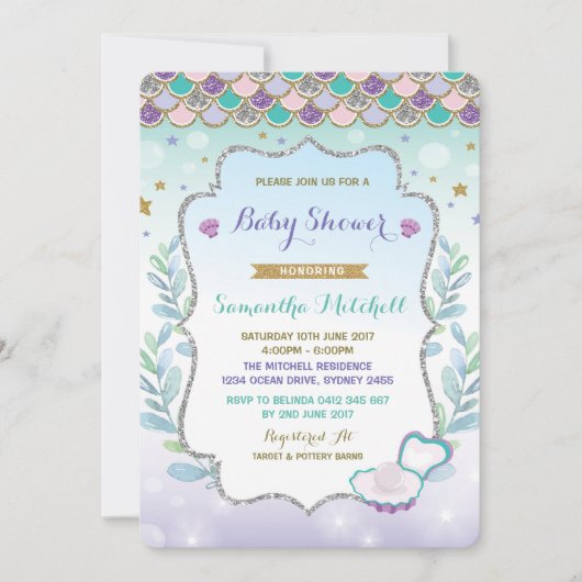 Mermaid Baby shower Invitation Paarse gouden oceaa Kaart (Voorkant)
