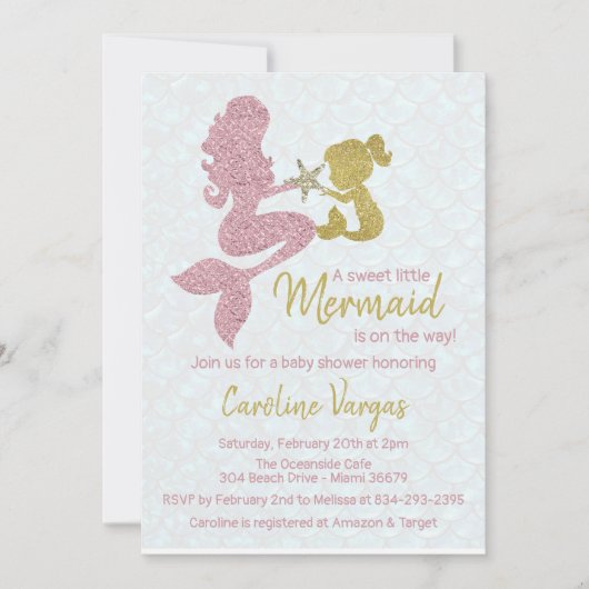 Mermaid Baby shower Invitation Roos Gold & Gold Kaart (Voorkant)
