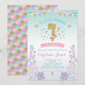 Mermaid Baby shower Invitation Roze Blauwgroen Paa Kaart (Voorkant / Achterkant)