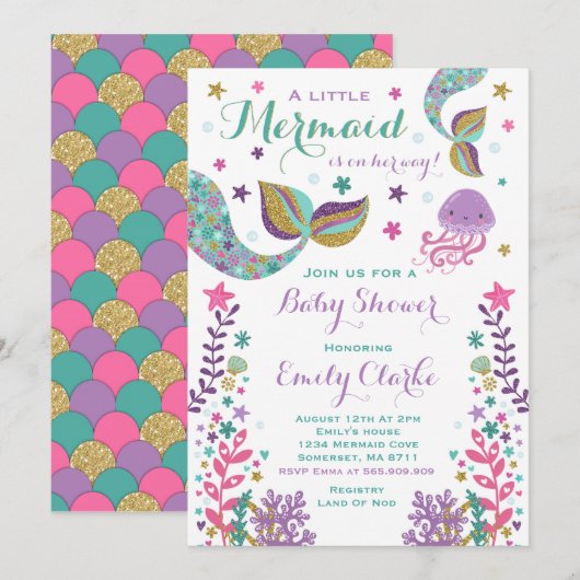 Mermaid Baby shower Invitation Roze Gouden Douche Kaart (Voorkant / Achterkant)