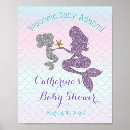 Mermaid Baby shower Paars Blauwgroen Welkom aanpas Poster (Voorkant)