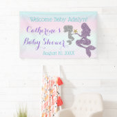 Mermaid Baby shower Paarse Blauwgroen achtergrond  Spandoek (Insitu)