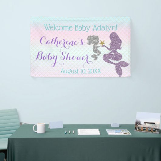 Mermaid Baby shower Paarse Blauwgroen achtergrond  Spandoek (Beurs)