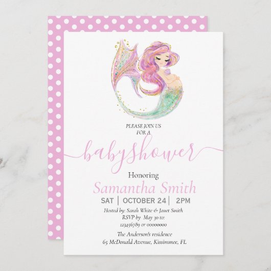 MERMAID BABY SHOWER Roze Invitation Aankondiging (Voorkant / Achterkant)