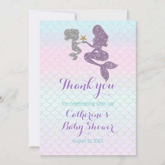Mermaid Baby shower Sparkle Paars Blauwgroen aanpa Bedankkaart (Voorkant)