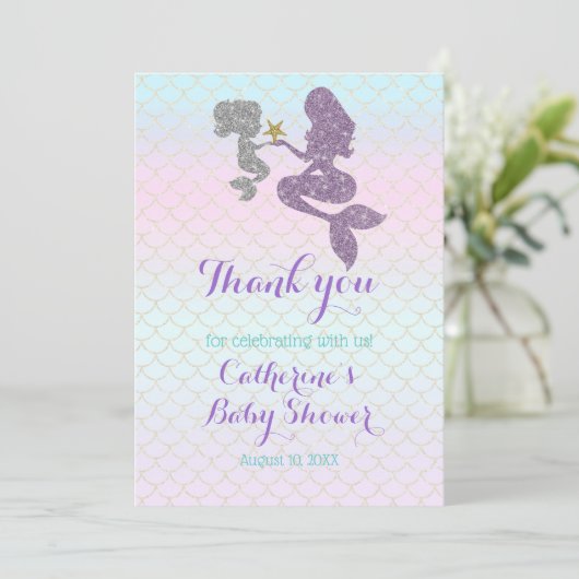 Mermaid Baby shower Sparkle Paars Blauwgroen aanpa Bedankkaart (Staand voorkant)