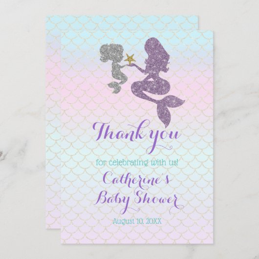 Mermaid Baby shower Sparkle Paars Blauwgroen aanpa Bedankkaart (Voorkant / Achterkant)