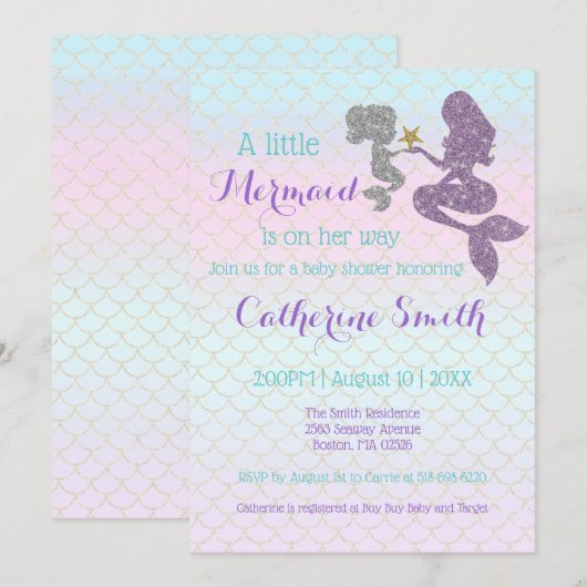 Mermaid Baby shower Sparkle Paars Blauwgroen aanpa Kaart (Voorkant / Achterkant)