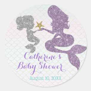 Mermaid Baby shower Sparkle Paars Blauwgroen aanpa Ronde Sticker