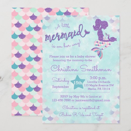Mermaid Baby Shower Uitnodigingen voor een Baby Gi (Voorkant / Achterkant)