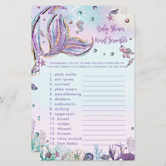 Mermaid Baby shower Word Scramble Fun Game Sheet (Voorkant / Achterkant)