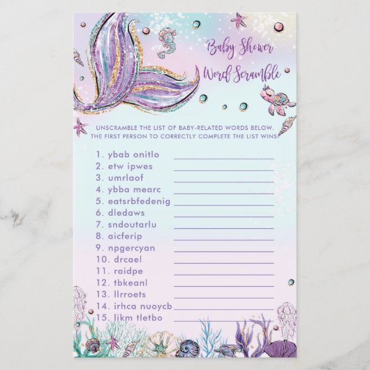 Mermaid Baby shower Word Scramble Fun Game Sheet (Voorkant)