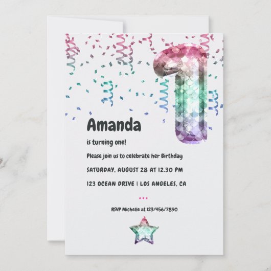 Mermaid Balloon 1st Birthday Uitnodiging (Voorkant)