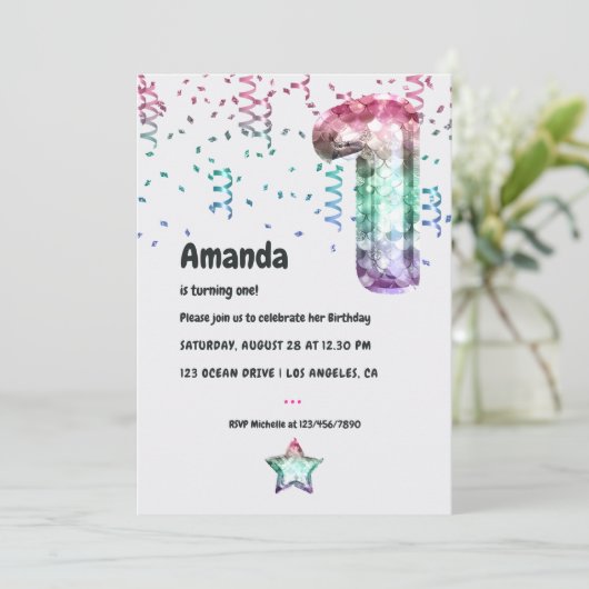 Mermaid Balloon 1st Birthday Uitnodiging (Staand voorkant)