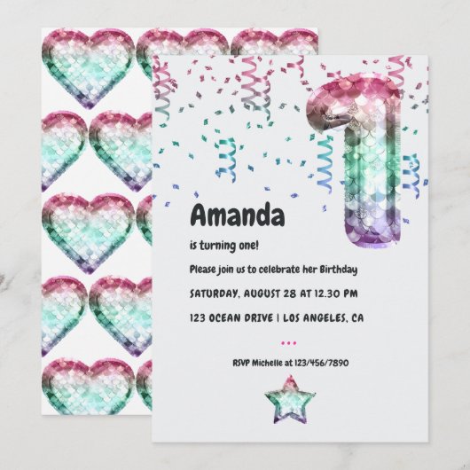 Mermaid Balloon 1st Birthday Uitnodiging (Voorkant / Achterkant)