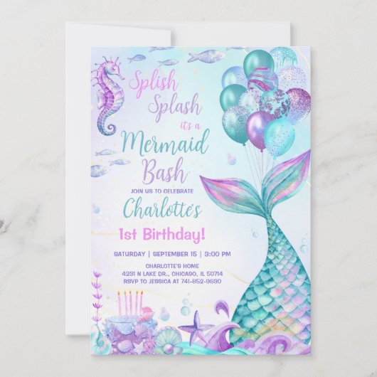 Mermaid Bash 1e Verjaardag Kaart (Voorkant)