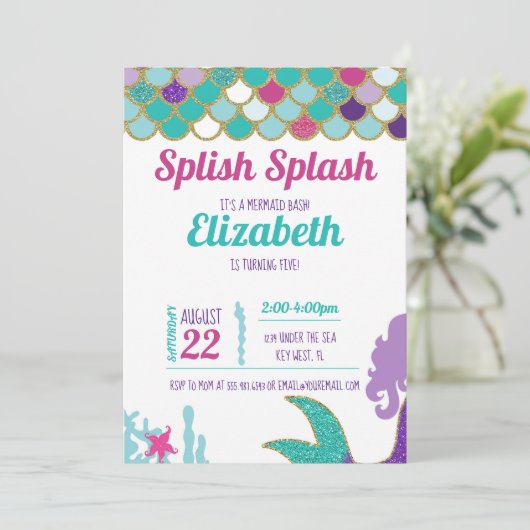 Mermaid Bash Birthday Uitnodiging Blauwgroen Gold (Staand voorkant)