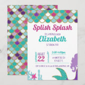 Mermaid Bash Birthday Uitnodiging Blauwgroen Gold  (Voorkant / Achterkant)
