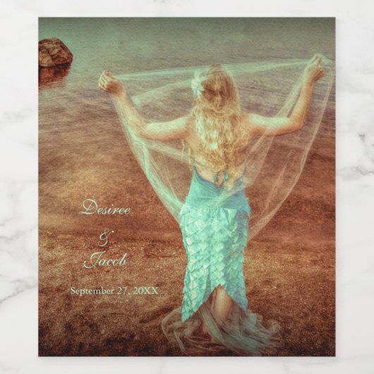 Mermaid  Beach Blauwgroen bruin huwelijk Wijn Etiket (Enkel label)