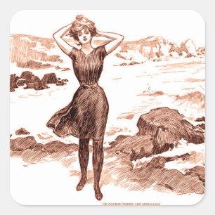 Mermaid Beach Gibson Girl Victoriaans Antiek Vierkante Sticker