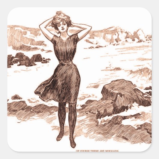 Mermaid Beach Gibson Girl Victoriaans Antiek Vierkante Sticker (Voorkant)