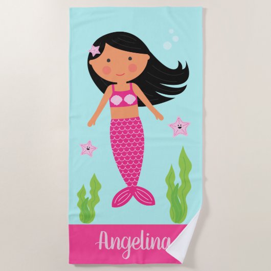 Mermaid Beach Towel | Middelgrote huid, zwart haar Strandlaken (Voorkant)