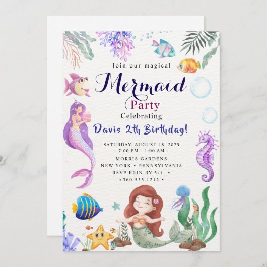 Mermaid Birthday Bash Kaart (Voorkant / Achterkant)