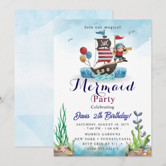 Mermaid Birthday Bash Kaart (Voorkant / Achterkant)