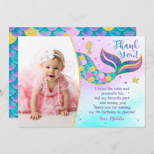 Mermaid Birthday Bedankt voor je kaarten (Voorkant / Achterkant)