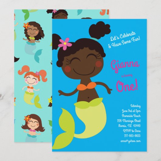 Mermaid Birthday Black African American Kaart (Voorkant / Achterkant)