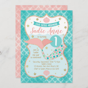 Mermaid Birthday Coral en Blauwgroen Kaart