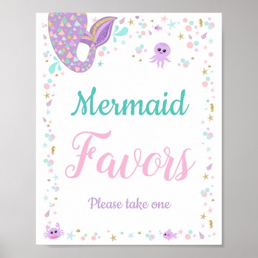 Mermaid Birthday Favors Baby shower Sign Poster (Voorkant)