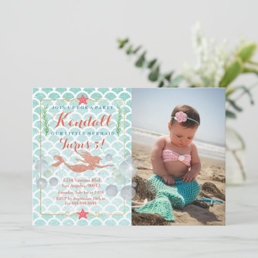 Mermaid Birthday Fotouitnodiging Kaart (Staand voorkant)