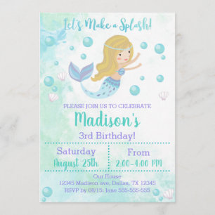 Mermaid Birthday Invitation, Blonde Mermaid Kaart