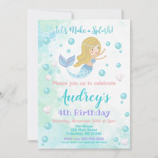 Mermaid Birthday Invitation / Blonde Mermaid Kaart (Voorkant)