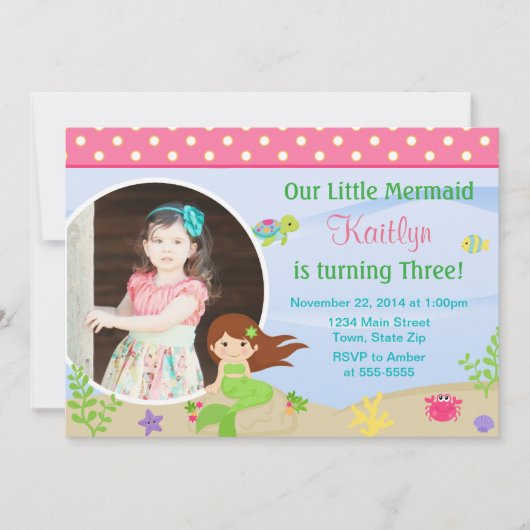 Mermaid Birthday Invitation Brunette 5x7 Foto Kaart (Voorkant)