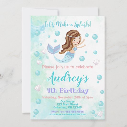 Mermaid Birthday Invitation / Brunette Mermaid Kaart (Voorkant)