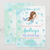 Mermaid Birthday Invitation / Brunette Mermaid Kaart (Voorkant / Achterkant)