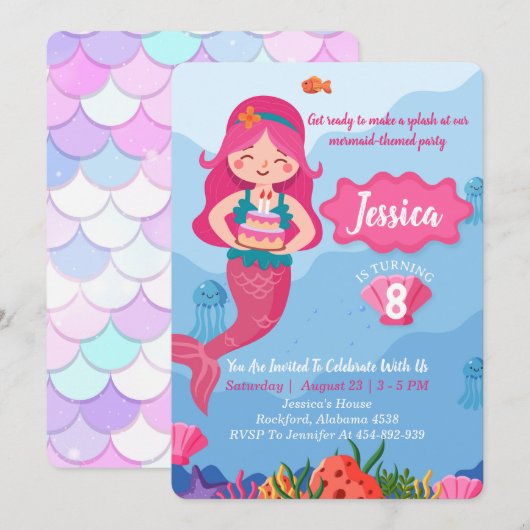 Mermaid Birthday Invitation, Editable Invitation Kaart (Voorkant / Achterkant)