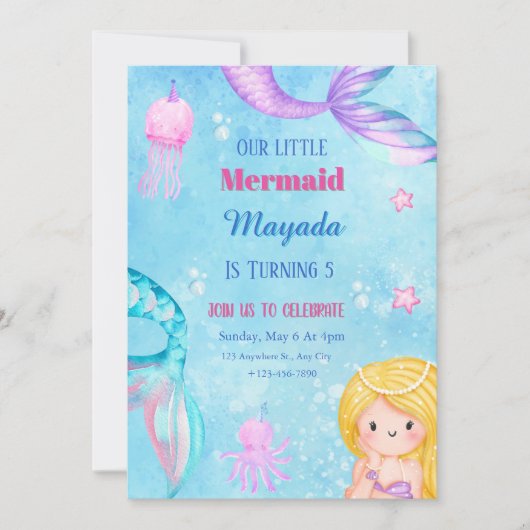Mermaid Birthday Invitation Editable Template Kaart (Voorkant)