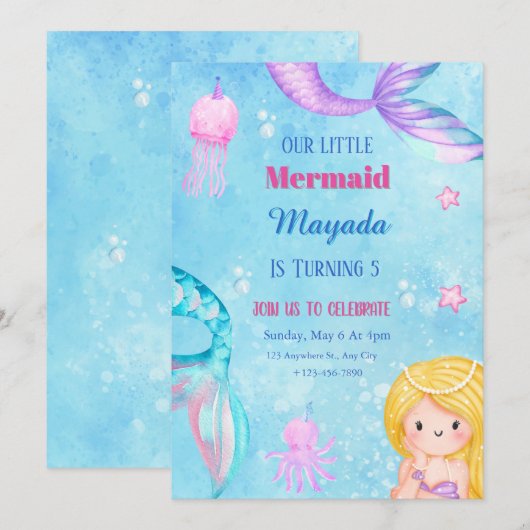 Mermaid Birthday Invitation Editable Template Kaart (Voorkant / Achterkant)