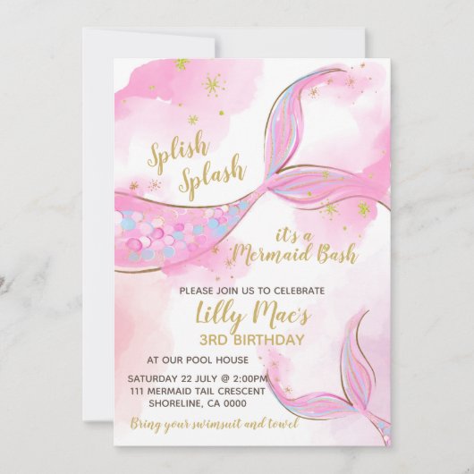 Mermaid Birthday Invitation for a Girl, Editable Kaart (Voorkant)