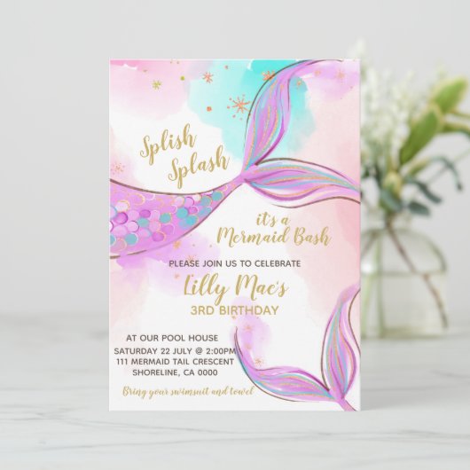 Mermaid Birthday Invitation for a Girl, Editable Kaart (Staand voorkant)