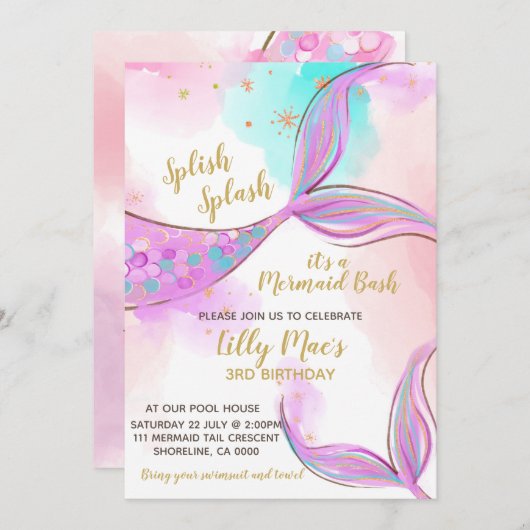 Mermaid Birthday Invitation for a Girl, Editable Kaart (Voorkant / Achterkant)