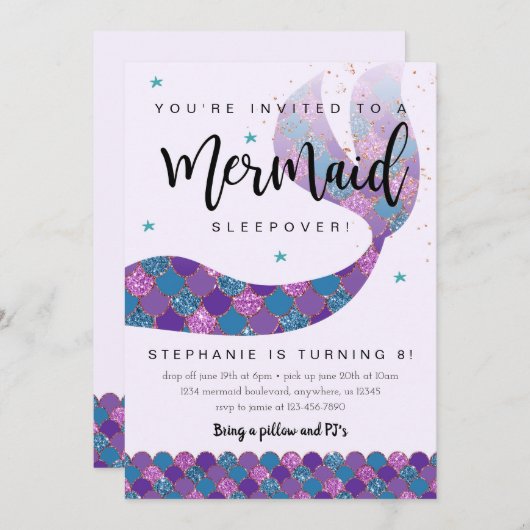 Mermaid Birthday Invitation for Slapepover Kaart (Voorkant / Achterkant)