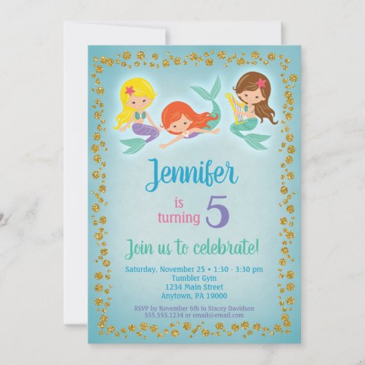 Mermaid Birthday Invitation - Girls Blue Gold Kaart (Voorkant)