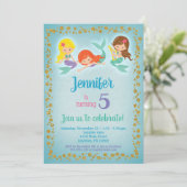 Mermaid Birthday Invitation - Girls Blue Gold Kaart (Staand voorkant)
