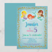 Mermaid Birthday Invitation - Girls Blue Gold Kaart (Voorkant / Achterkant)