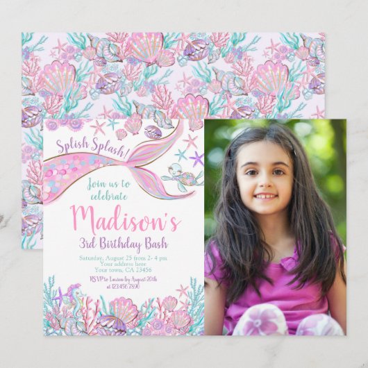 Mermaid Birthday Invitation Kaart (Voorkant / Achterkant)