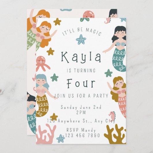 Mermaid Birthday Invitation Kaart (Voorkant / Achterkant)